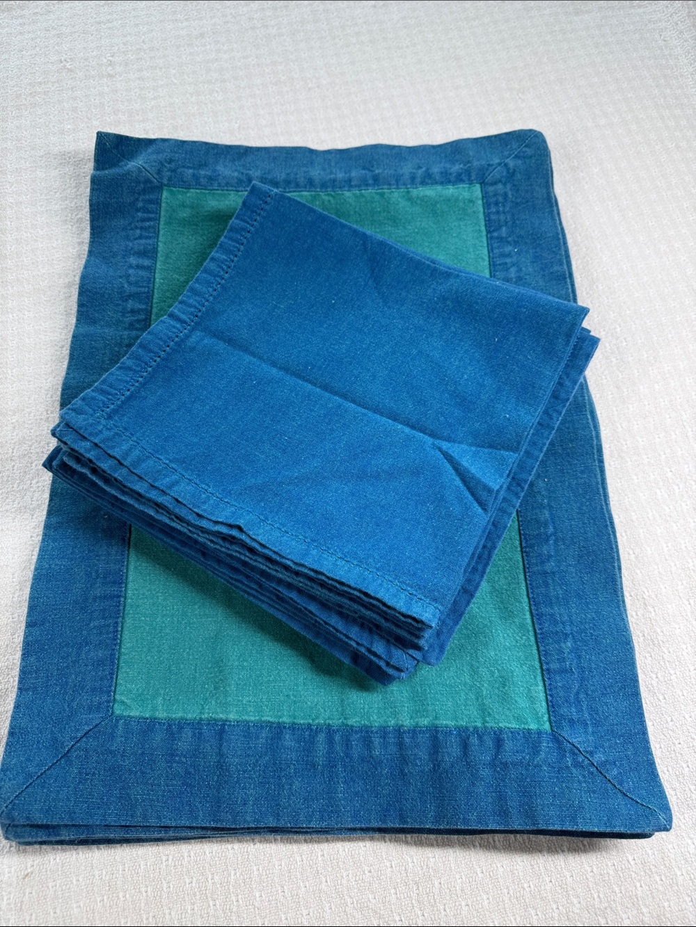Blue and teal color block placemats with blue napkins 100% cotton made in India